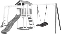 AXI Beach Tower Speeltoestel in Grijs/Wit - Speeltoren met Klimrek, Enkele Schommel, Grijze Glijbaan en Zandbak - FSC hout - Speelhuis op palen voor de tuin