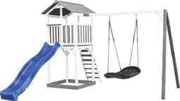 AXI Beach Tower Speeltoestel in Grijs/Wit - Speeltoren met Roxy Nestschommel, Blauwe Glijbaan en Zandbak - FSC hout - Speelhuis op palen voor de tuin