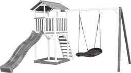 AXI Beach Tower Speeltoestel in Grijs/Wit - Speeltoren met Roxy Nestschommel, Grijze Glijbaan en Zandbak - FSC hout - Speelhuis op palen voor de tuin