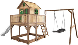 AXI Liam Speelhuis in Bruin/Groen - Met Roxy Nestschommel, Witte Glijbaan en Zandbak - Speelhuisje op palen met veranda - FSC hout - Speeltoestel voor de tuin