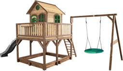 AXI Liam Speelhuis in Bruin/Groen - Met Summer Nestschommel, Grijze Glijbaan en Zandbak - Speelhuisje op palen met veranda - FSC hout - Speeltoestel voor de tuin