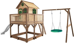 AXI Liam Speelhuis in Bruin/Groen - Met Summer Nestschommel, Witte Glijbaan en Zandbak - Speelhuisje op palen met veranda - FSC hout - Speeltoestel voor de tuin