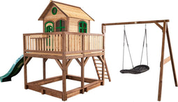 AXI Liam Speelhuis in Bruin/Groen - Met Verdieping, Zandbak, Roxy Nestschommel en Groene Glijbaan - Speelhuisje voor de tuin / buiten - FSC hout - Speeltoestel voor kinderen