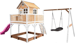 AXI Liam Speelhuis in Bruin/Wit - Met Verdieping, Zandbak, Roxy Nestschommel en Paarse Glijbaan - Speelhuisje voor de tuin / buiten - FSC hout - Speeltoestel voor kinderen