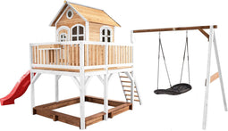 AXI Liam Speelhuis in Bruin/Wit - Met Verdieping, Zandbak, Roxy Nestschommel en Rode Glijbaan - Speelhuisje voor de tuin / buiten - FSC hout - Speeltoestel voor kinderen