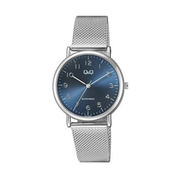 Q&Q Q05A-002PY - Horloge - Analoog - Vrouwen - Dames - Milanese/Mesh stalen band - Rond - Metaal - Cijfers - Zilverkleurig - DonkerBlauw - 3 ATM