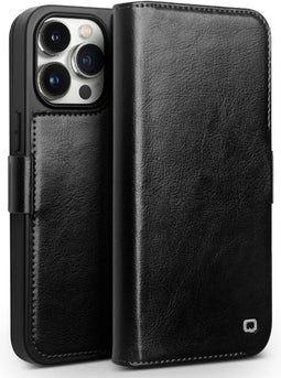 Qialino - Geschikt voor iPhone 15 Pro Max - Leren bookcase hoes - Zwart