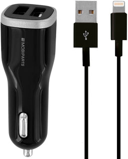 Mobiparts Car Charger - Dual USB 2.4A met Lightning Kabel - Zwart