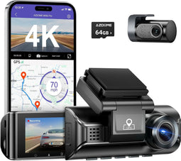 AZDome M550 Pro 2CH 4K Wifi GPS dashcam voor auto - 4K + FullHD resolutie - Parkeerbeveiliging - 64gb MicroSD - 3,0 inch LCD scherm - 170 + 140 graden kijkhoek - Nachtzicht - 2024 model