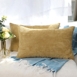 CALIYO Kussenhoes - Sierkussen 40x80 cm - Corduroy Lichtbruin - Gestreept (2 stuks)
