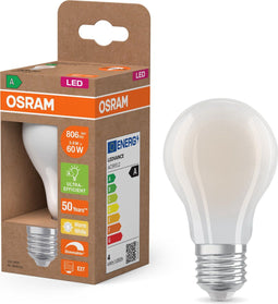 OSRAM Energy Class LED-lamp in klassieke gloeilampvorm, 3,8 W / 806 lm, EEK A, warm wit licht (2700 K), CRI 80, gemaakt van mat loodvrij glas, E27 fitting, IP20, 60 mm diameter, dimbaar.