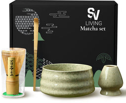 SV Living Matcha Set - 4-delige Matcha Starterkit - Matcha Klopper Bamboe Lepel Kom (4 stuks)