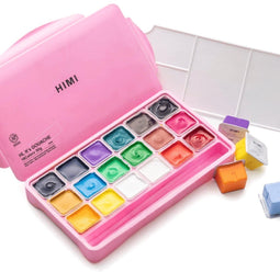 HIMI Gouache - Plakkaatverfset 18 kleuren x 30gr - in kunststof opbergbox roze