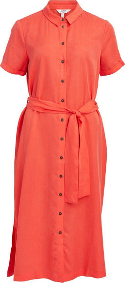 Object Objtilda Isabella S/s Dress - Midi Jurk - Met ceintuur en split - Koraal - Maat 36