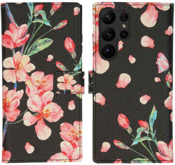 iMoshion Hoesje Geschikt voor Samsung Galaxy S23 Ultra Hoesje Met Pasjeshouder - iMoshion Design Softcase Bookcase - Zwart / Blossom Watercolor Black