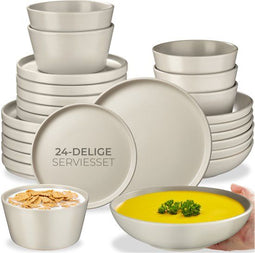 tectake® Serviesset Una - 24-delig - Aardewerk - 6 Persoons - Modern Design - Taupe