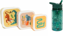 Petit Monkey Snackdozen + Drinkfles Upside Down Animals/Glitter Back to School set - Groen