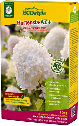 ECOstyle Hortensia-AZ Tuinmest - Organische Meststof - 120 Dagen Voeding - Volle Bloei - Versterkt Plant - Verrijkt bodem - Voor 25 Hortensia's - 800 GR