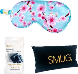 SMUG Slaapmasker met Zwarte Oordopjes en Opbergzakje - 100% Verduisterend - Verstelbaar Oogmasker in Satijn - Cherry Blossom Print
