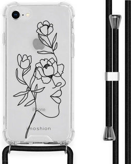 iMoshion Hoesje Geschikt voor iPhone SE (2022) / SE (2020) / 8 / 7 Hoesje Met Koord - iMoshion Design Hoesje met Koord - Zwart / Transparant / Woman Flower