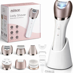 Nince - Epileerapparaat dames - Epilator gezicht - 6 opzetstukken - Draadloos - IPX7 waterdicht - Wit/Roze