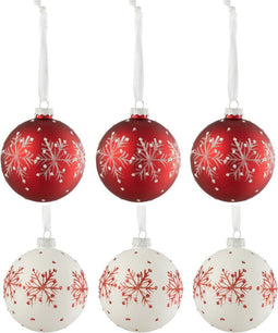 J-Line kerstbal Sneeuwvlokken Glitter - glas - wit/rood - small - doos van 6