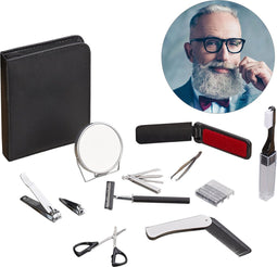 Baardverzorging / manicure set 11-delig - verzorgingset voor mannen - o.a. baardschaar / baardkam / scheermes in leren opbergetui