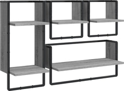 vidaXL - 4-delige - Wandschappenset - met - stangen - bewerkt - hout - grijs - sonoma