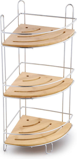 Badkamer/douche hoek plankjes staand rekje van chrome metaal en bamboe 20 x 20 x 48 cm - Ook ophangbaar