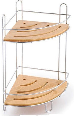 Badkamer/douche hoek plankjes staand rekje van chrome metaal en bamboe 20 x 20 x 36 cm - Ook ophangbaar