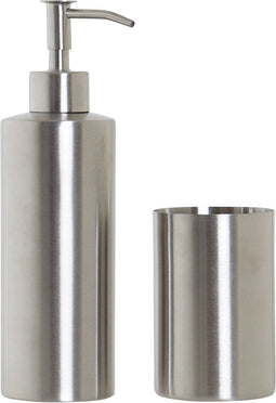 Badkamerset zeeppompje en beker/tandenborstelhouder zilver RVS 21 cm - badkamer accessoires