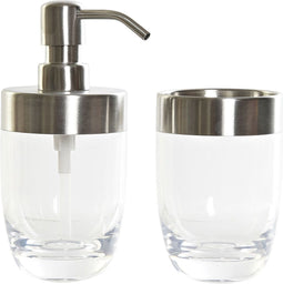 Badkamerset zeeppompje en beker/tandenborstelhouder zilver/transparant kunststof 17 cm - badkamer accessoires