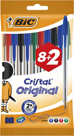 Balpen Bic Cristal Assorti Medium Blister 8+2 gratis