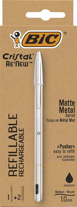 Balpen Bic Cristal Re-new zwart blister 1 pen + 2 vullingen
