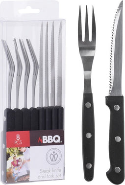 BBQ Steakmessen en Vorken 8 Stuks RVS/Zwart