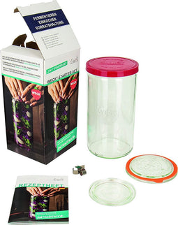 Barglas starterset (glas om te fermenteren, incl. 2 glazen deksels ø 80 mm / 100 mm, rubberen ring, 2 clips, 1 siliconen deksel, weckpot met receptenboekje)