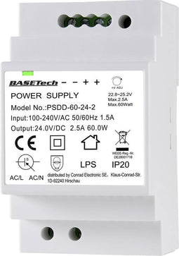 Basetech PSDD-60-24-2 DIN-rail netvoeding 24 V 2.5 A 60 W Aantal uitgangen: 2 x Inhoud: 1 stuk(s)