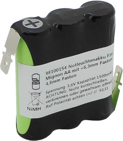 Batterij noodverlichting NiMH 3.6V 1500mAh F1x3 Mignon AA met Faston-aansluiting + 6,3 mm Faston / -4,8 mm Faston