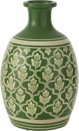 J-Line vaas Bloemen + Lijnen Terracotta - keramiek - groen/wit - Ø 27 cm