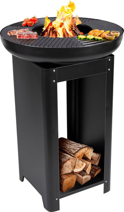 BBQ Collection 3-in-1 Vuurkorf en Grillplaat - Tuinhaard 61 x 90 cm - met Teppanyaki Bakplaat - Plancha BBQ met Brandhout Opslagplaats - Vuurkorf voor Buiten - Metaal