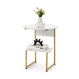Coast Bijzettafel 2-Laags - Marmerlook Gouden Frame - 50 x 50 x 61 cm - Wit/Goud