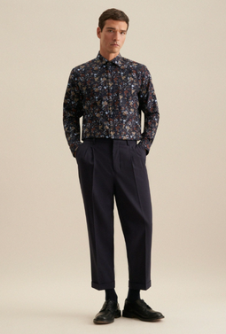 Seidensticker Regular Fit Overhemd - Marine Bedrukt - Twill - Zaken Kent - Maat 45