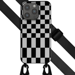 Selencia Hoesje Geschikt voor iPhone 15 Pro Hoesje Met Koord - Selencia Siliconen design hoesje met afneembaar koord - Zwart / Irregular Check Black