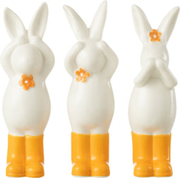 J-Line decoratie Konijn Horen/Zien/Zwijgen - porselein - oranje/wit - 3 stuks - paasdecoratie