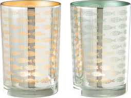 J-Line windlicht Vissen - glas - beige/blauw - large - 2 stuks