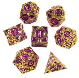 HOT Games - Dobbelst.Set Metaal - 7-delige set D4/D6/D8/D10/D10-00/D12/D20 - Goud/Paarse (set van 7)