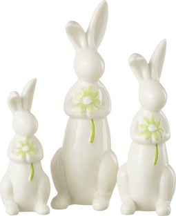 J-Line decoratie Konijnen Bloemen - porselein - groen/wit - 3 stuks