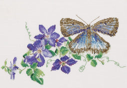 Thea Gouverneur - Borduurpakket met telpatroon - 438A - Voorgesorteerde DMC Garens - Vlinder Clematis - Aida - 29 cm x 18 cm - DIY Kit