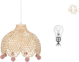 BEAU by Bo Kinderlamp bamboe met roze pompons en bijpassende gloeilamp