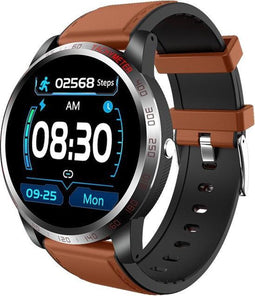 Belesy® Tachy - Smartwatch Dames - Smartwatch Heren - Horloge - 1.3 inch - Kleurenscherm - Stappenteller - Bloeddruk - Hart ECG - Mutli sport - Zilver – Lichtbruin - Leer - Moederdag